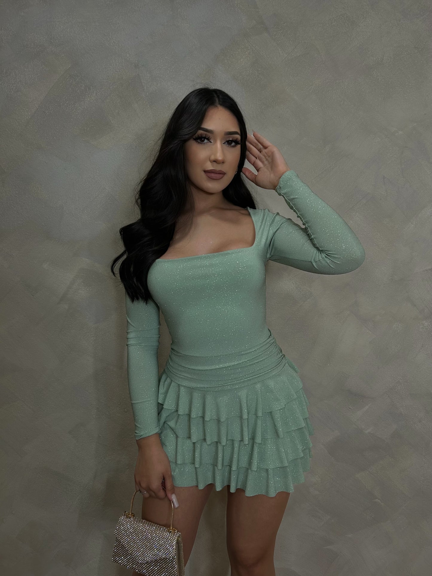 Ariani Glitter Romper Dress (Sage)