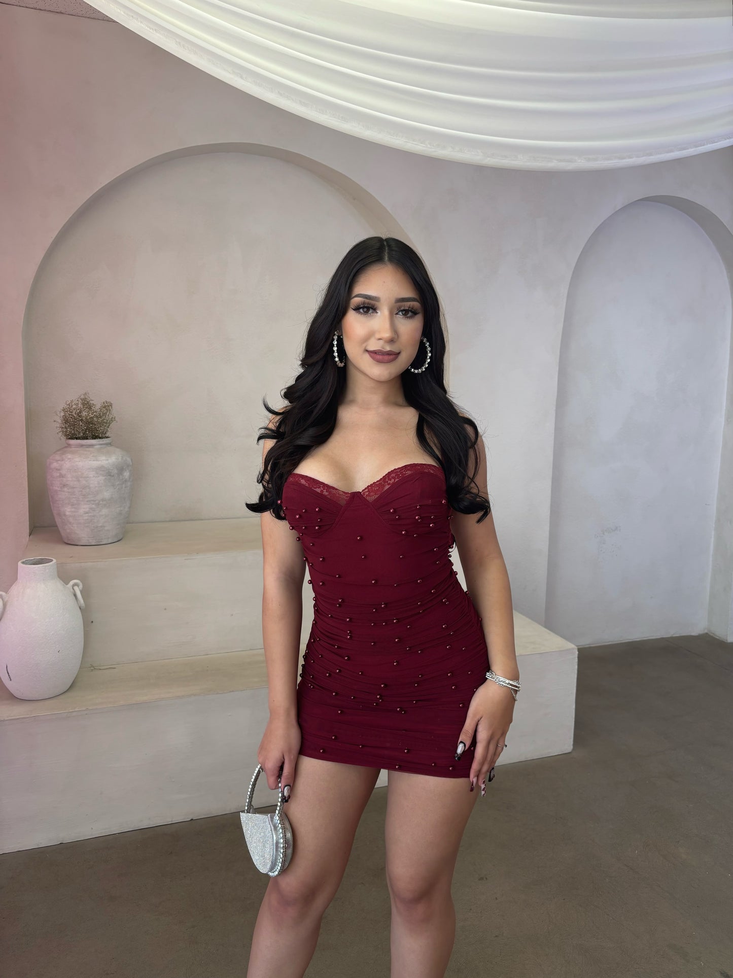 Gianna Pearl Mini Dress (Burgundy)