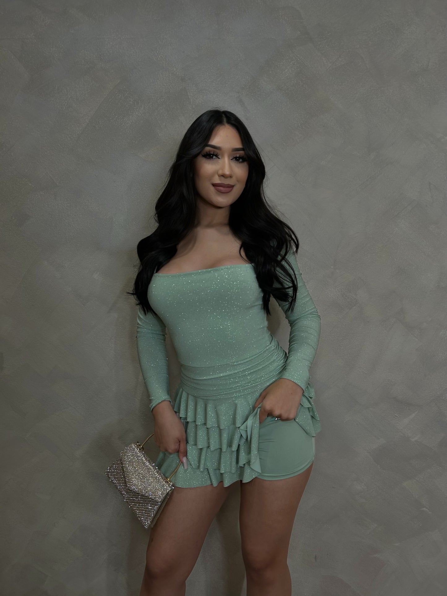 Ariani Glitter Romper Dress (Sage)