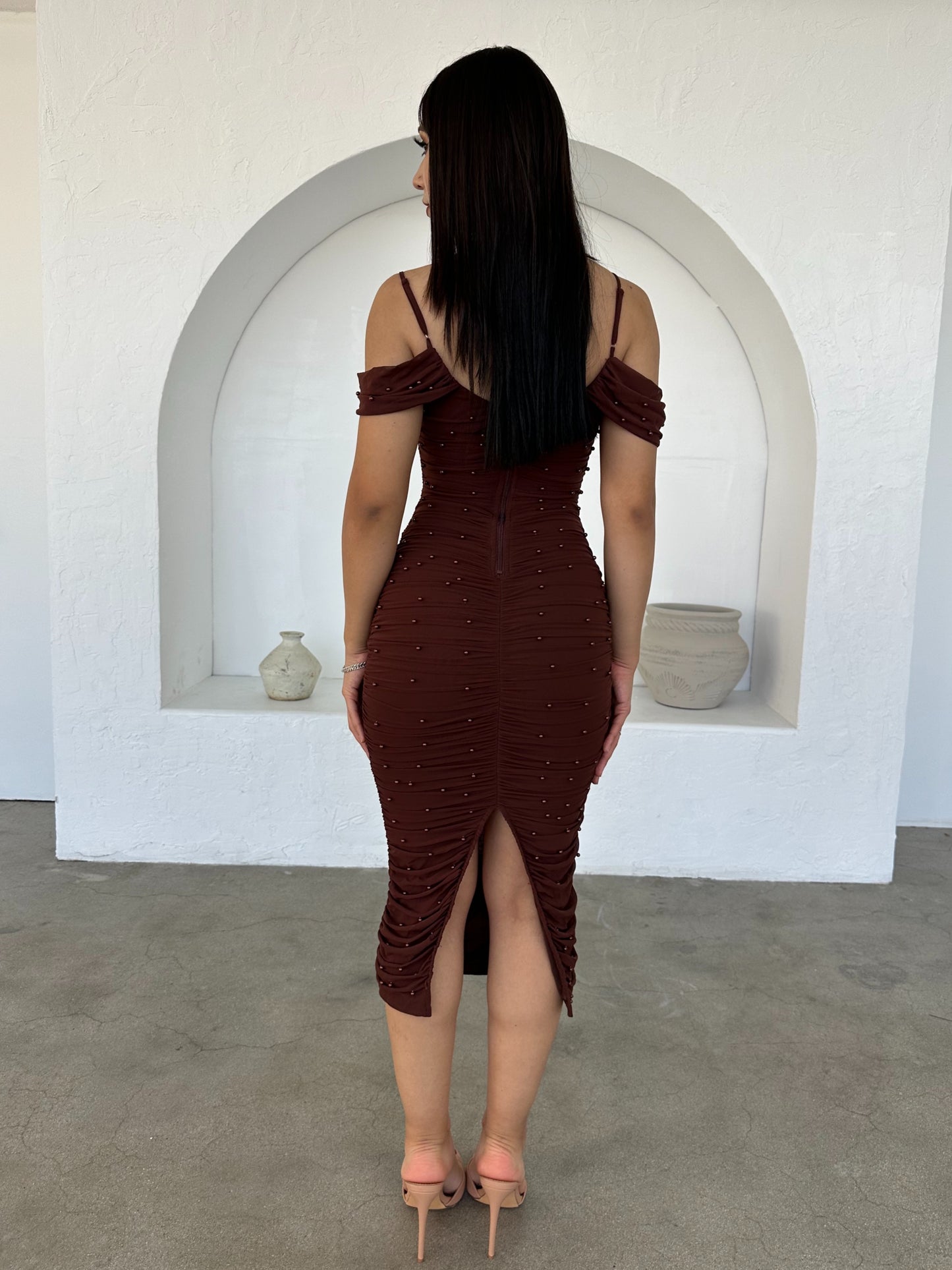Juliette Midi Pearl Dress (Brown)