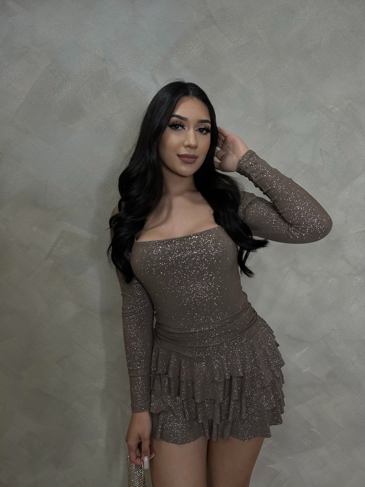 Ariani Glitter Romper Dress (Mocha)