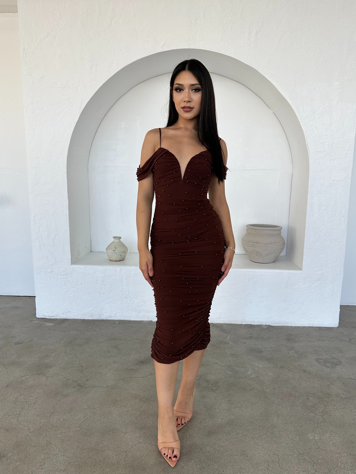 Juliette Midi Pearl Dress (Brown)