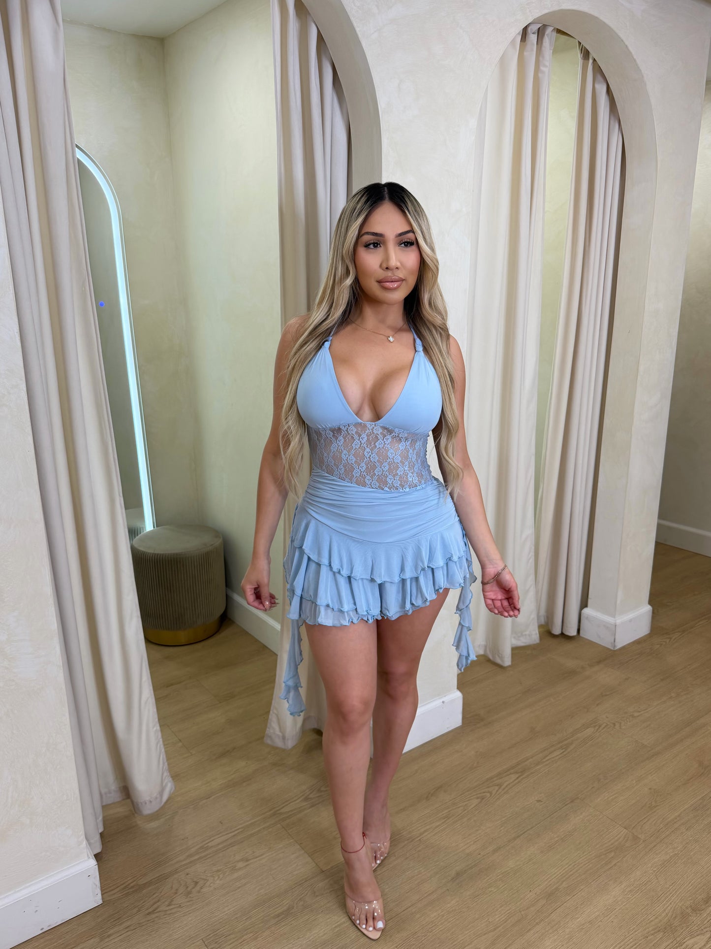 Leslie Lace Romper Dress (Blue)