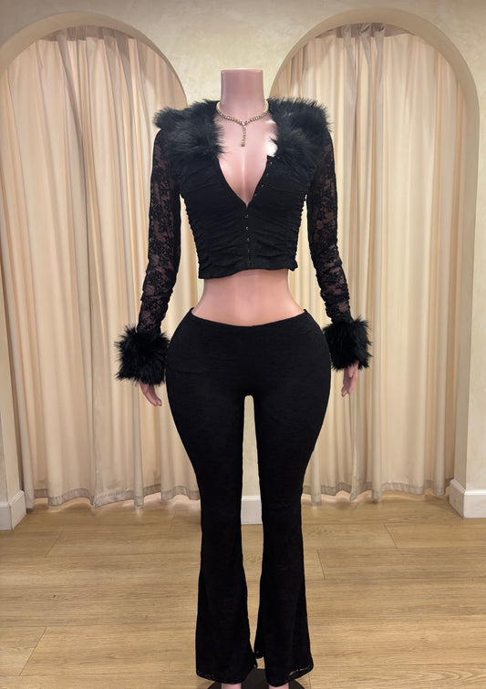 Nelly Fur-Trim Lace Set(Black)