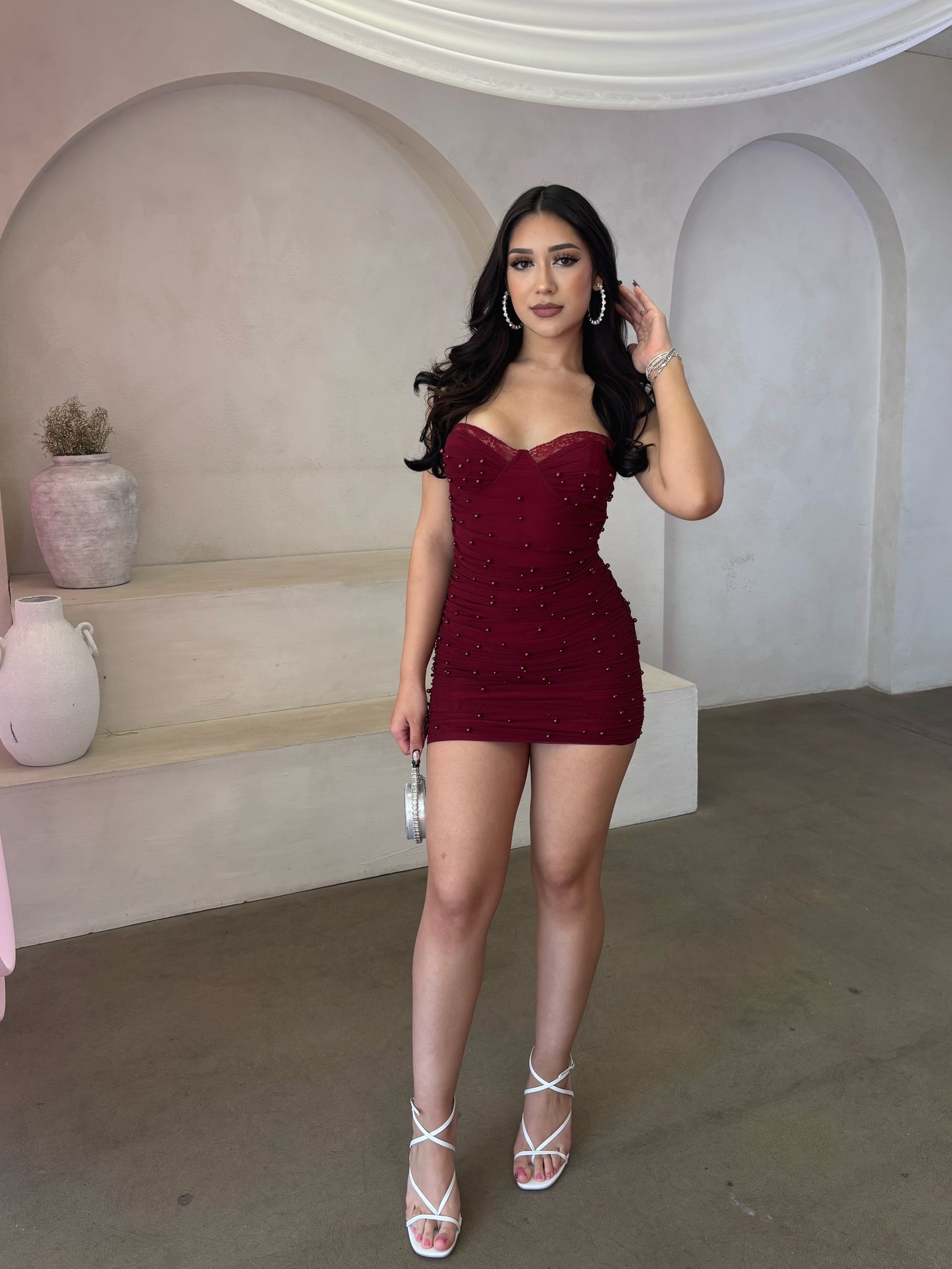 Gianna Pearl Mini Dress (Burgundy)