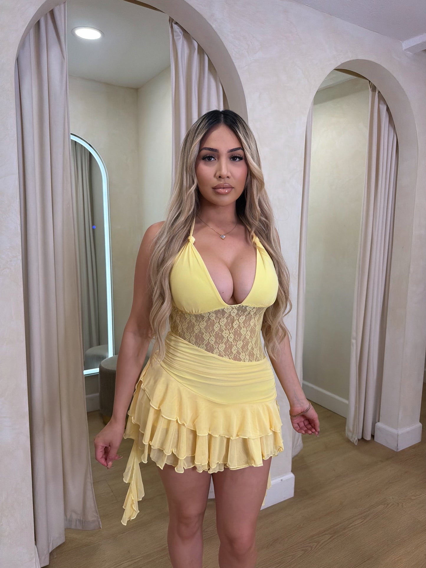 Leslie Lace Romper Dress (Yellow)