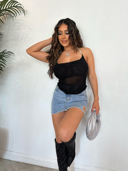 NO FUE CULPA MÍA RHINESTONE TOP (BLACK)