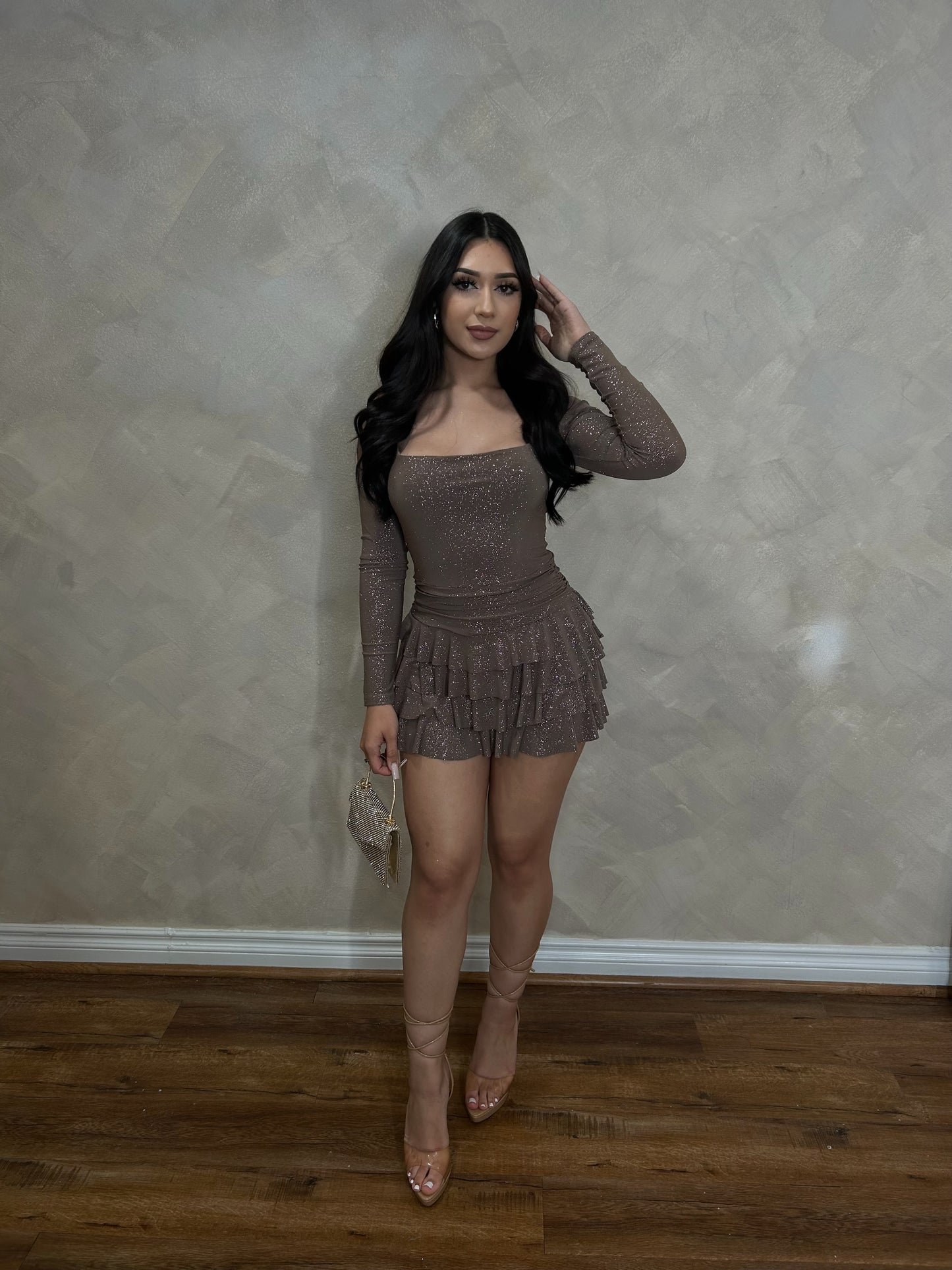 Ariani Glitter Romper Dress (Mocha)