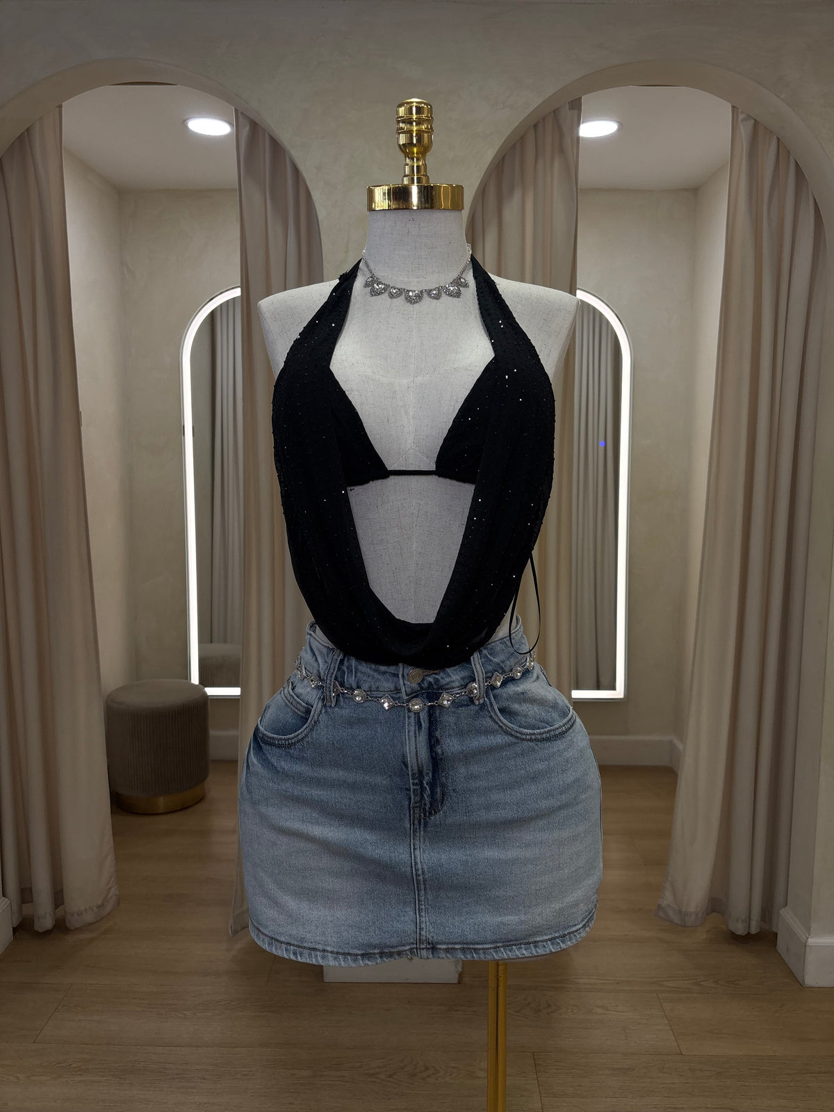 Denim Skirt Shorts w/ Bling Belt