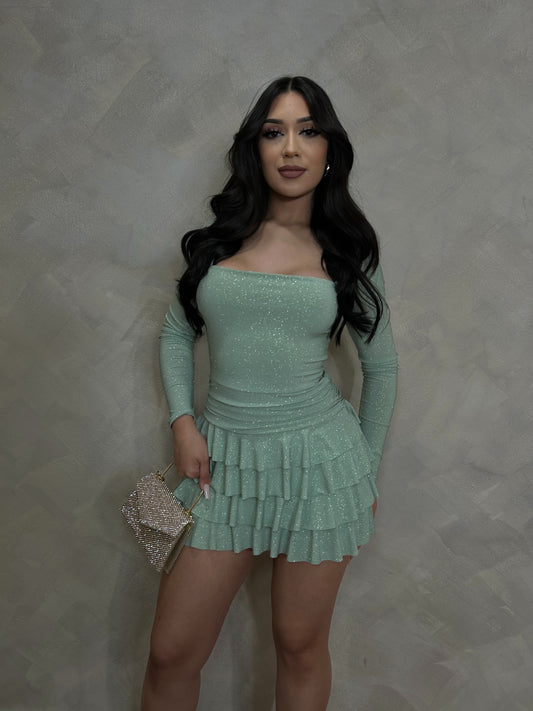 Ariani Glitter Romper Dress (Sage)