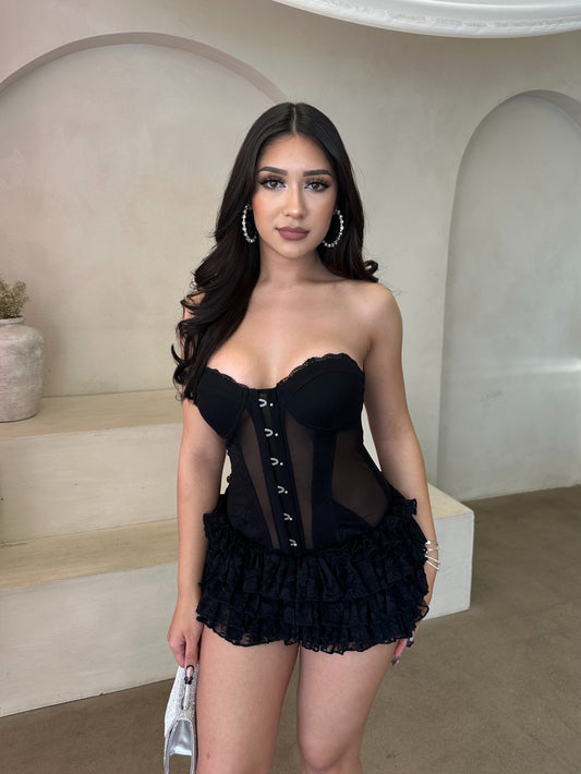 Georgina Corset Ruffle Dress (Black)