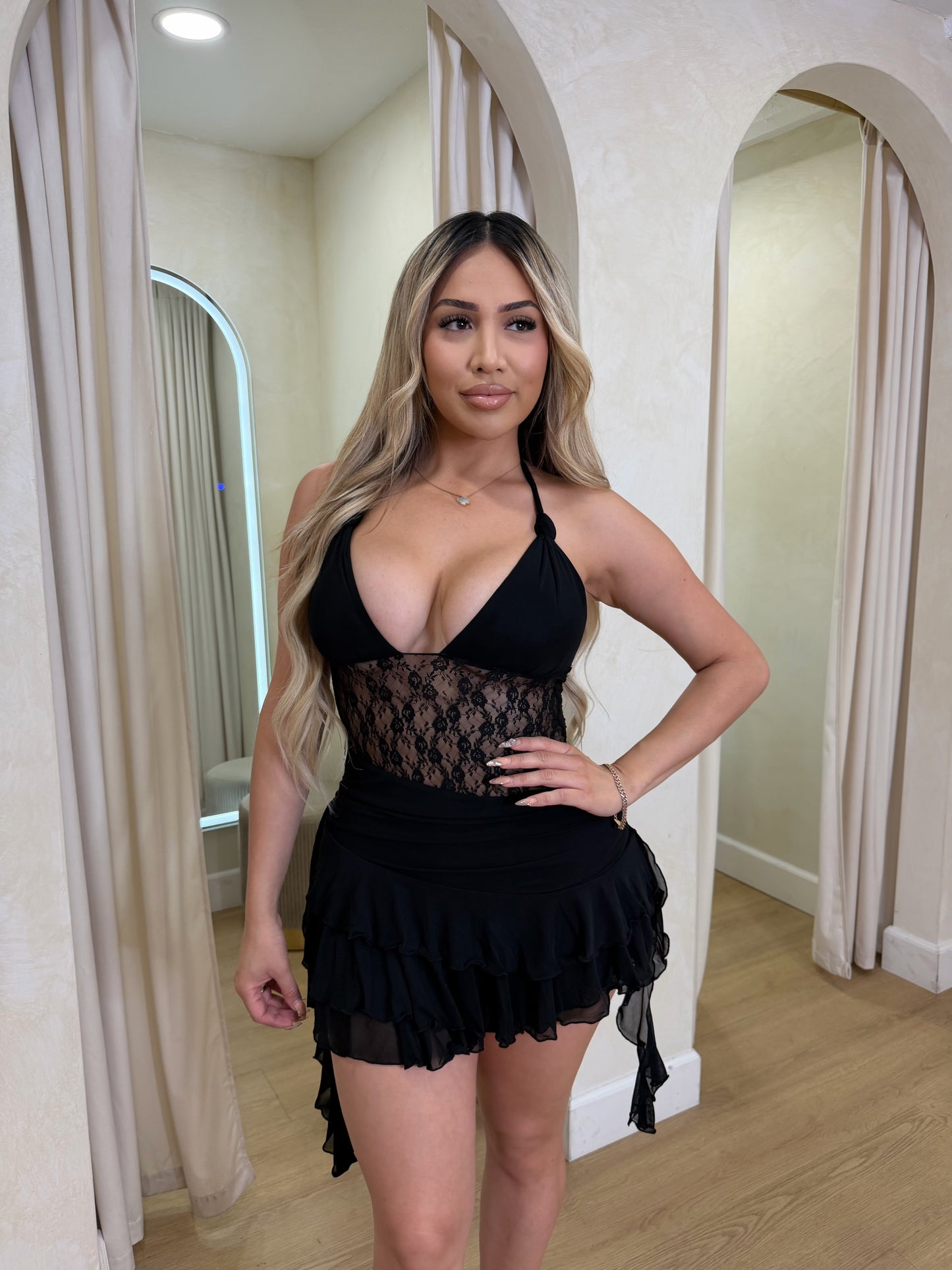 Leslie Lace Romper Dress (Black)