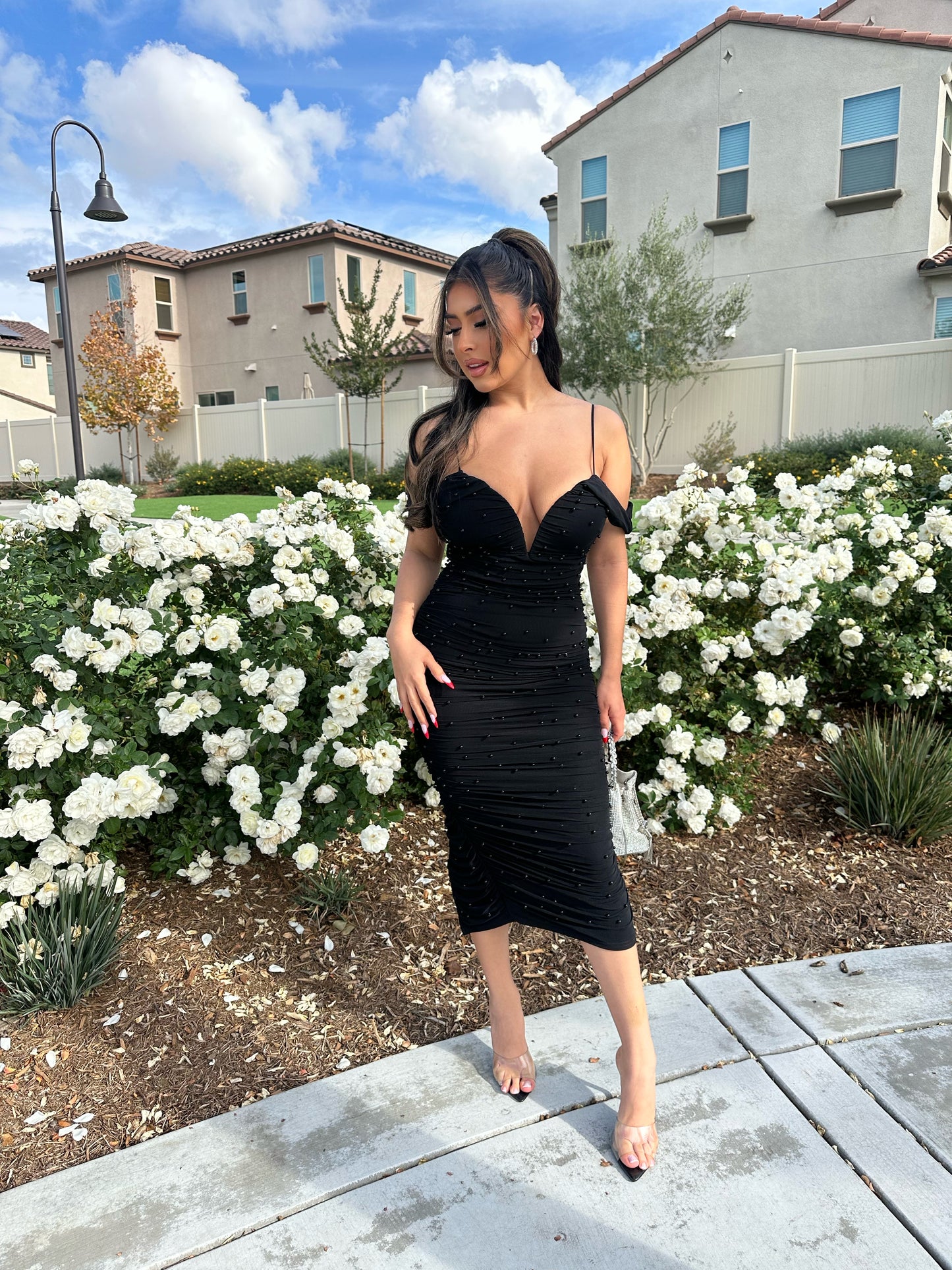 Drip Me In Pearls Ruched Midi Dress (Black)