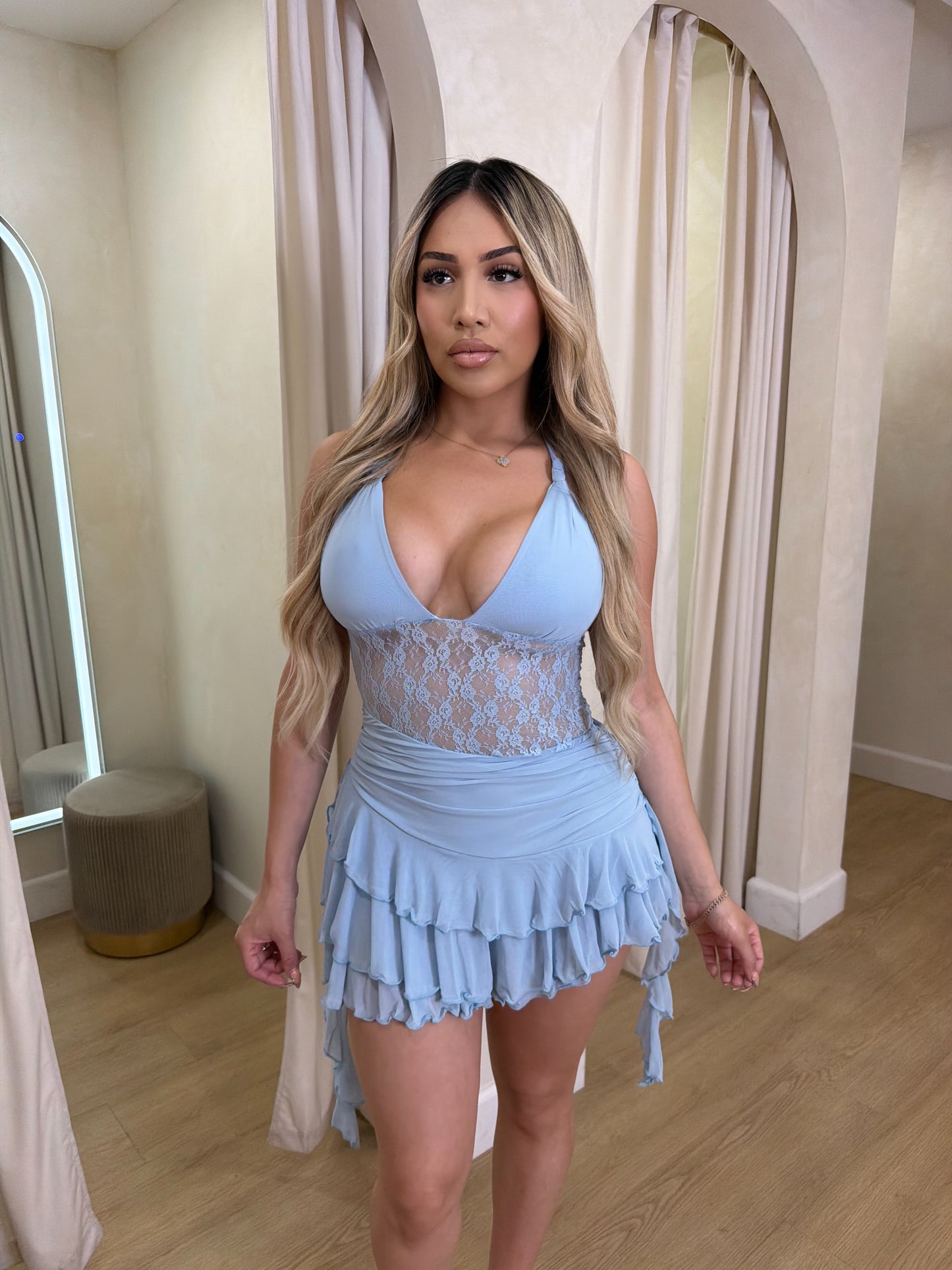 Leslie Lace Romper Dress (Blue)