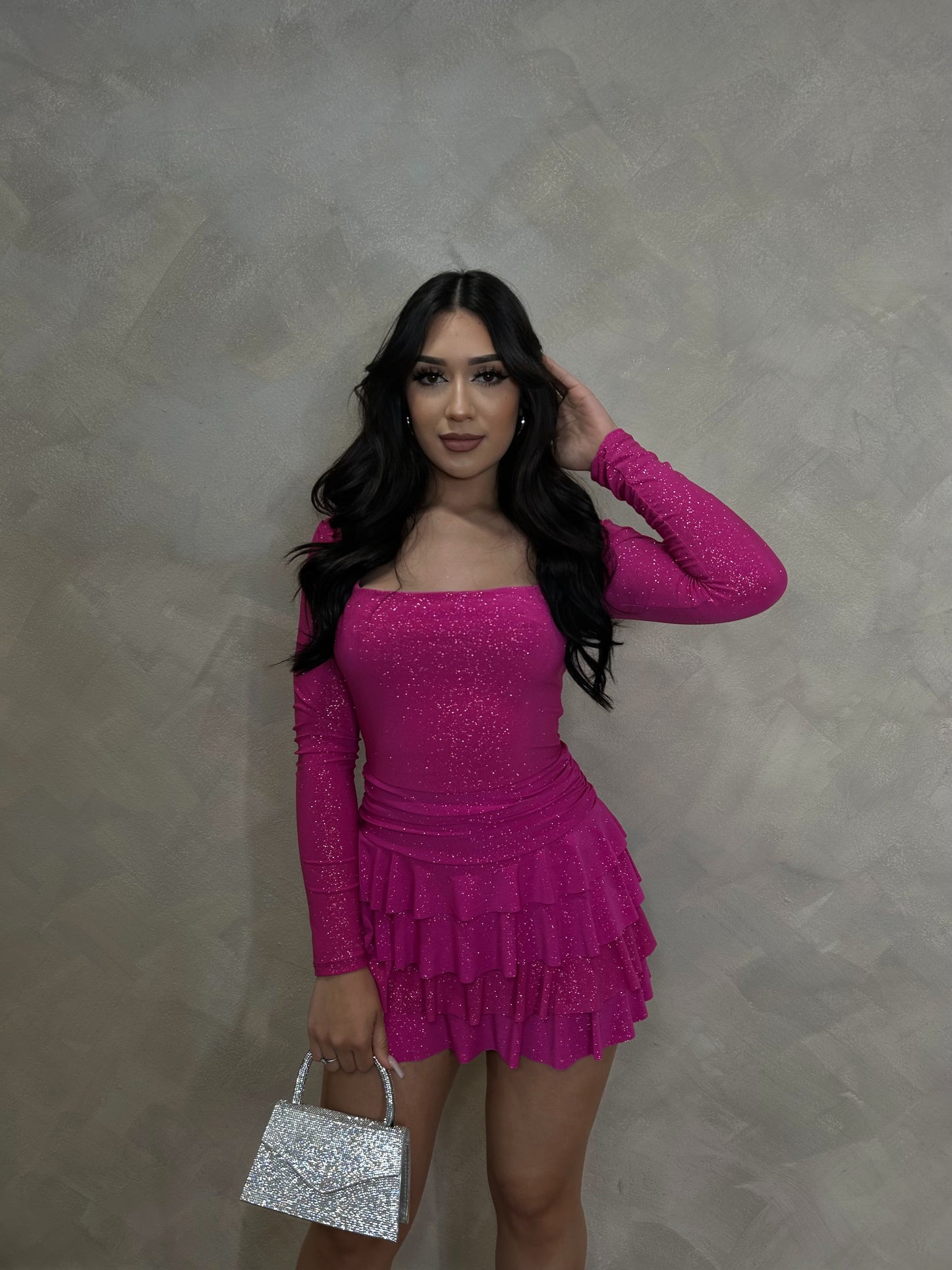 Ariani Glitter Romper Dress (Fushia)