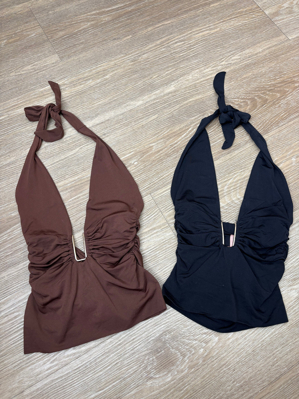 Gold buckle halter top