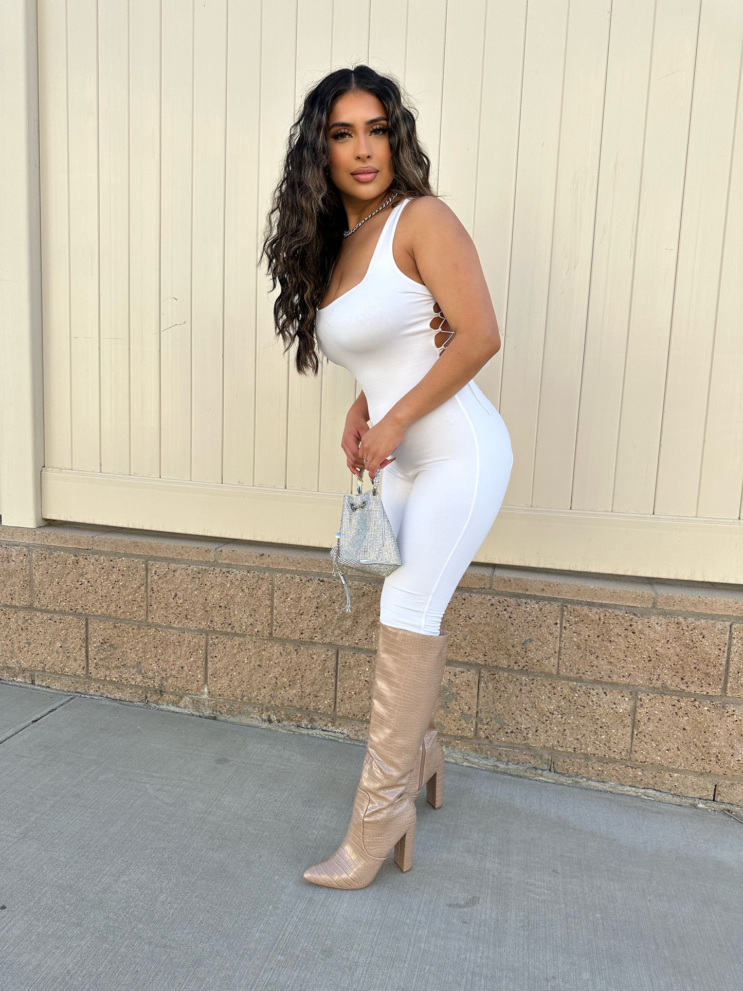 She’s a Baddie Ruched Jumpsuit (White)