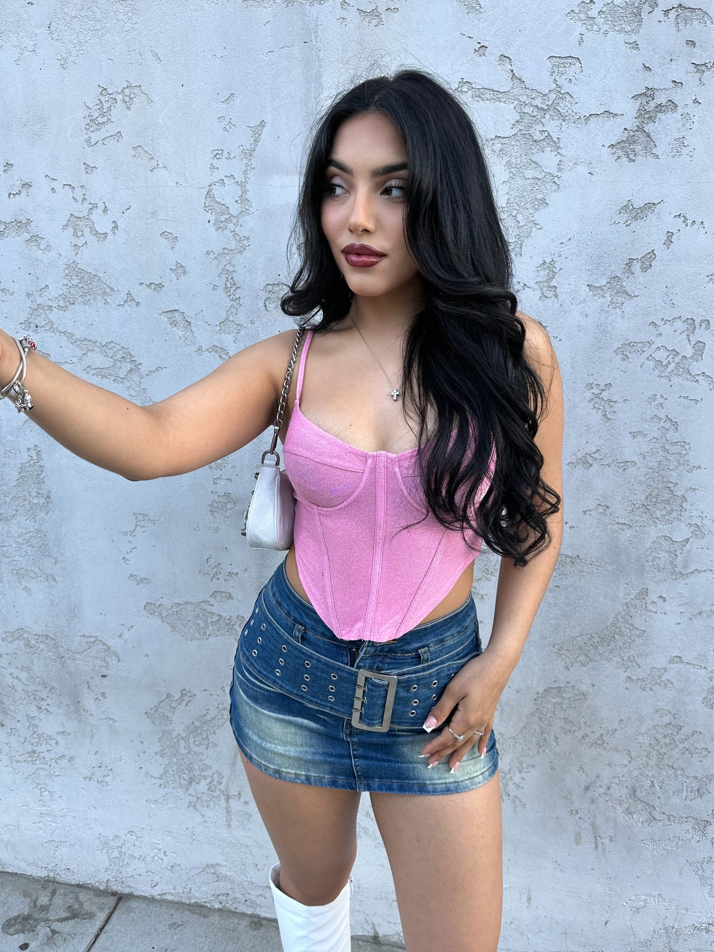 Karolina Buckle Stretchy Denim Skirt (Light Denim)