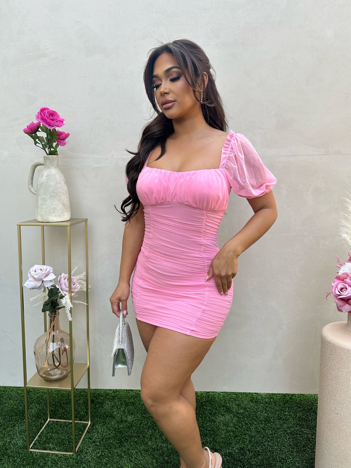 Paola Mini Ruched Dress (Pink)
