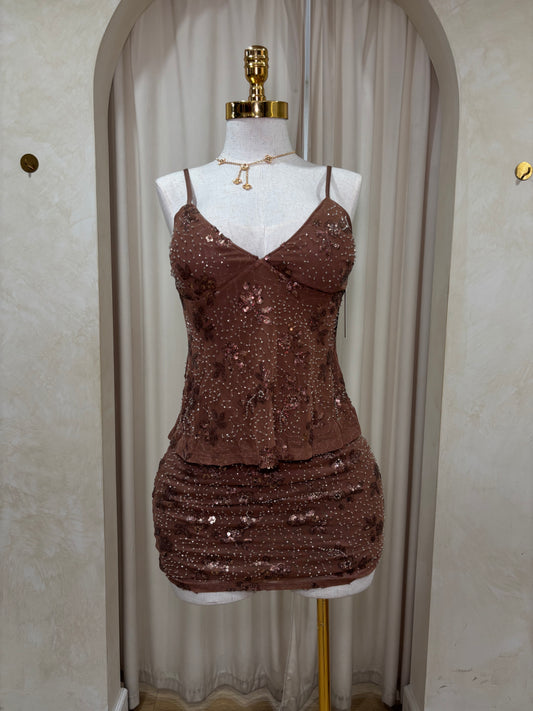 Brown sequin floral set