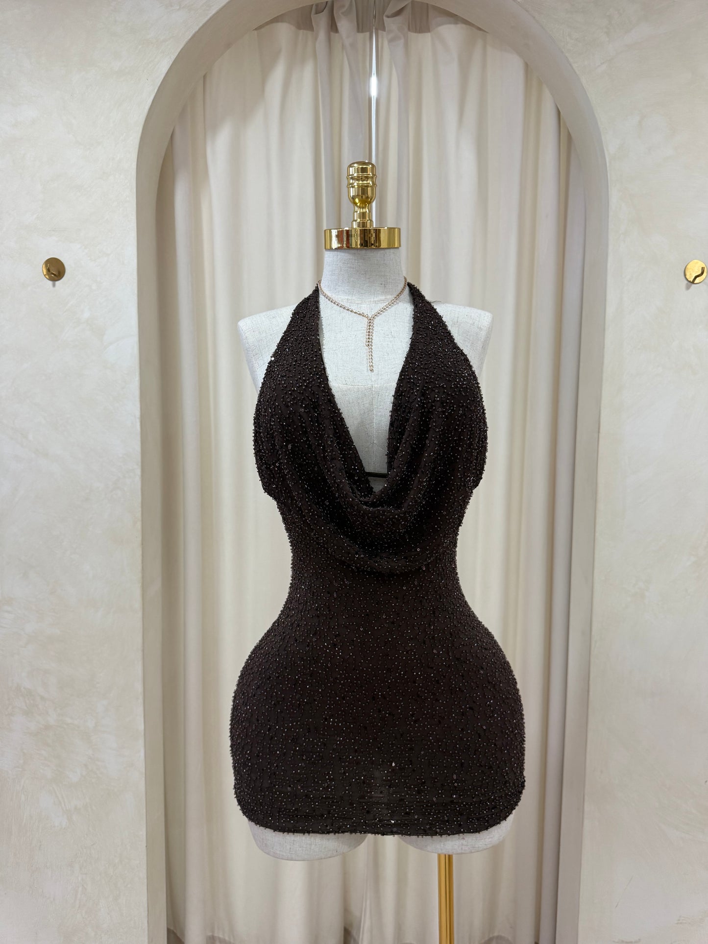 Sweetheart Beaded Mini Dress (brown)