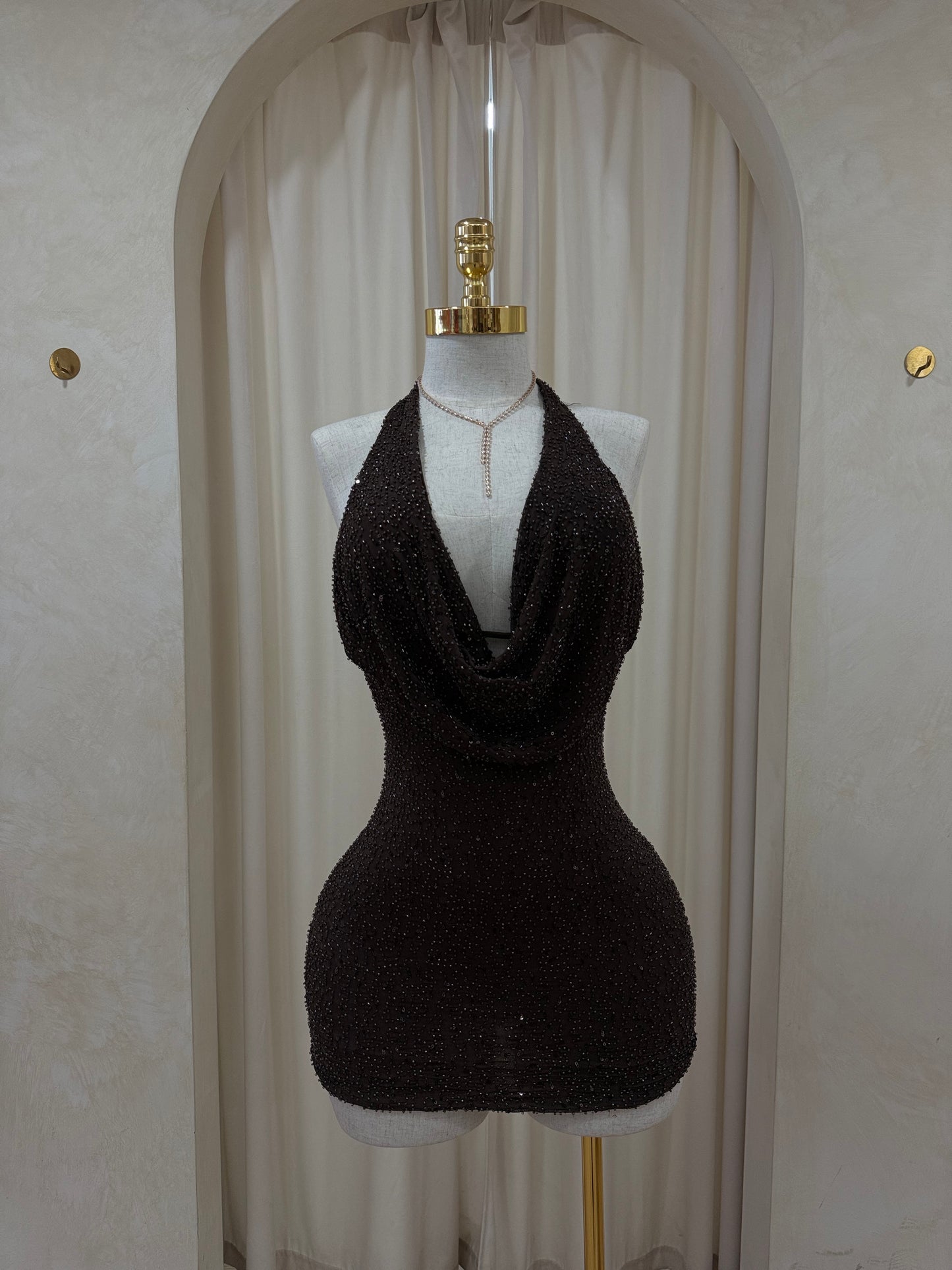 Sweetheart Beaded Mini Dress (brown)