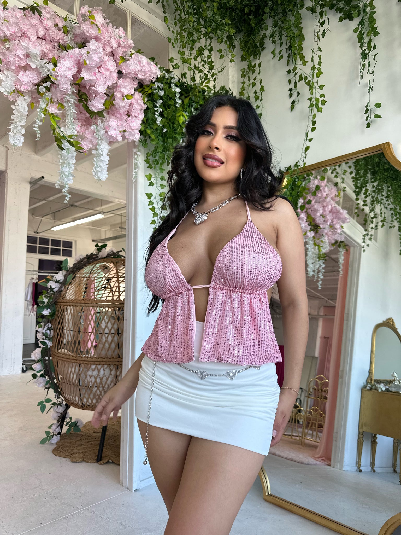 Mamiii Sequin Halter Top (Pink)