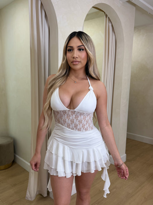 Leslie Lace Romper Dress (White)